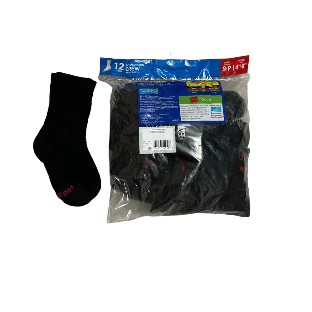Hanes Kids Black Crew Socks Size Small Shoe Size 4.5-8.5